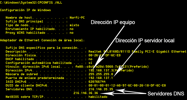 Usar el comando IPCONFIG para conocer la dirección IP en una conexión local y los servidores DNS