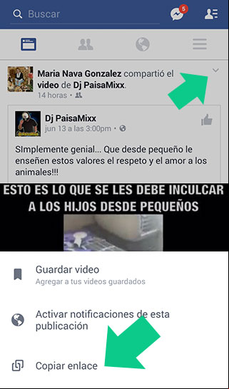 Copiar el enlace de un video en la aplicacion de Facebook