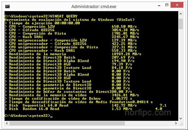Resultado del comando WINSAT QUERY para obtener información de las pruebas realizadas Resultado del comando WINSAT QUERY para obtener información de las pruebas realizadas