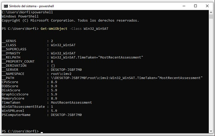 Ver puntuación de los componentes de hardware usando WMI Ver puntuación de los componentes de hardware usando WMI
