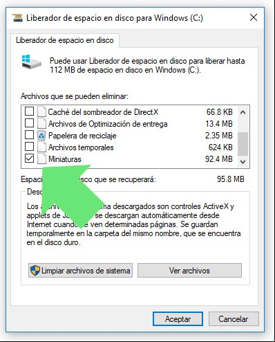 Eliminar miniaturas, predeterminada en las opciones del Liberador de espacio de Windows